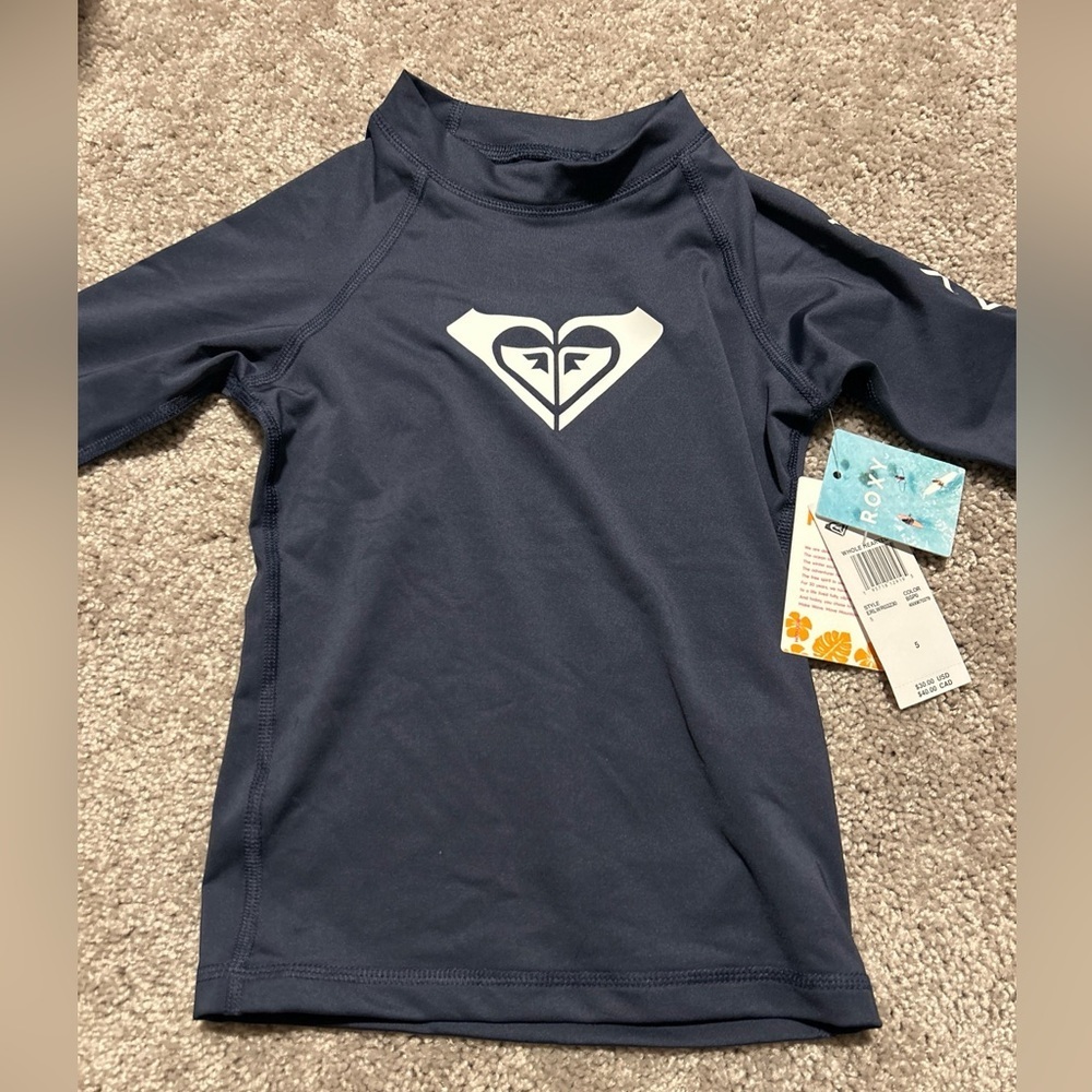 Roxy Whole Hearted Short Sleeve Rash Guard Girls BLUE WHITE UPF 50+